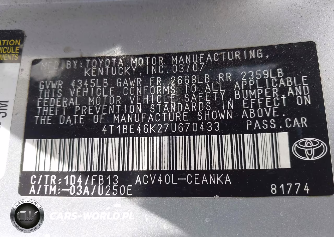 2007 Toyota Camry Le VIN:4T1BE46K27U670433 - 9
