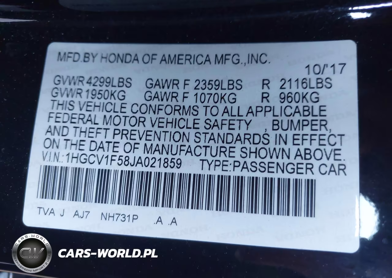 2018 Honda Accord Ex-L VIN:1HGCV1F58JA021859 - 9