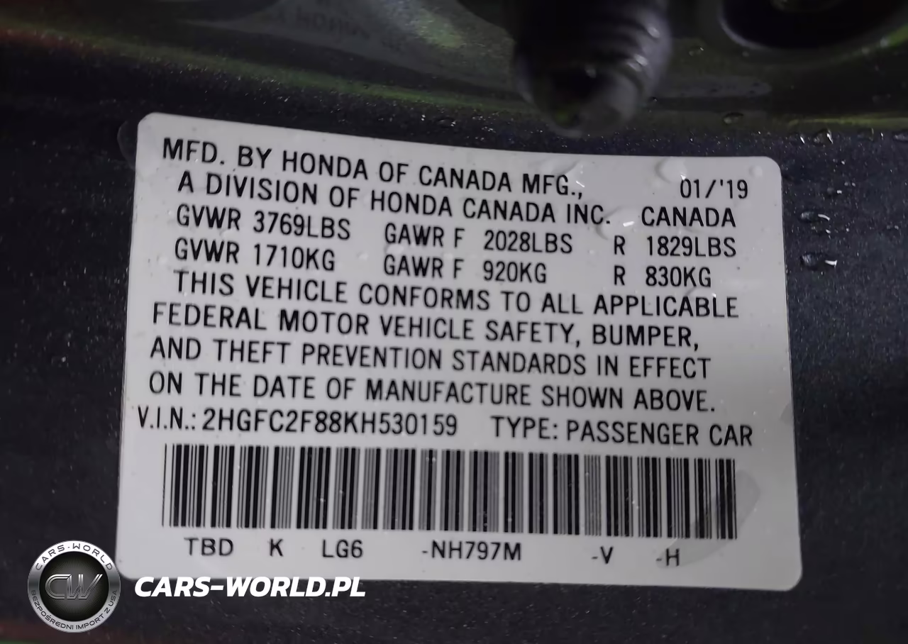2019 Honda Civic Sport VIN:2HGFC2F88KH530159 - 9