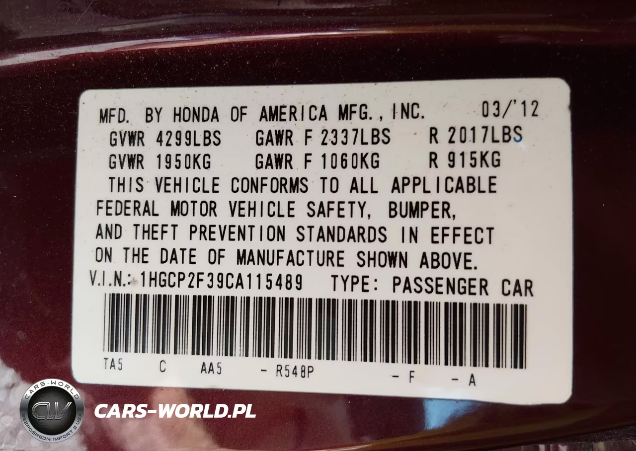 2012 Honda Accord 2.4 Lx VIN:1HGCP2F39CA115489 - 9