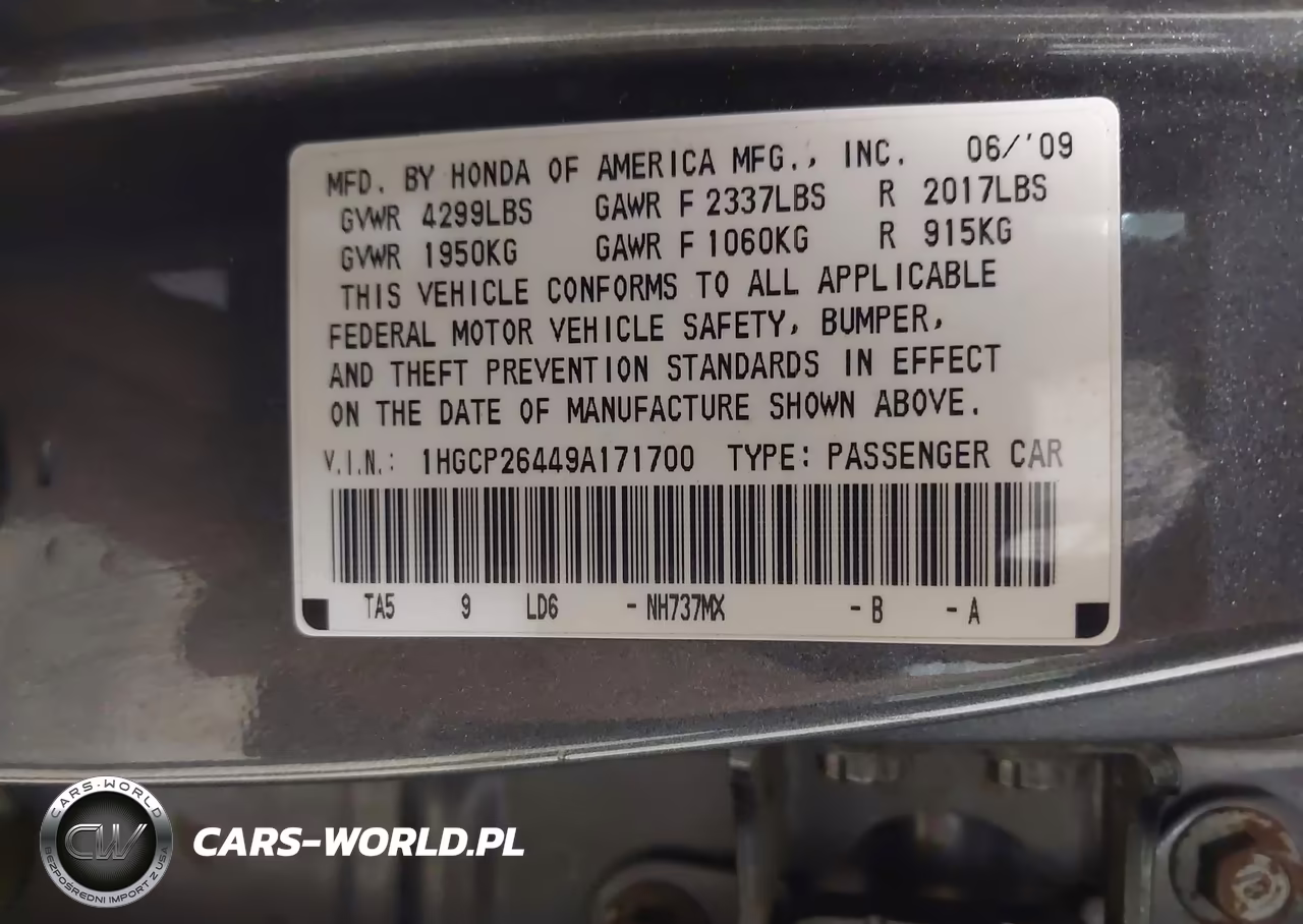 2009 Honda Accord 2.4 Lx-P VIN:1HGCP26449A171700 - 9