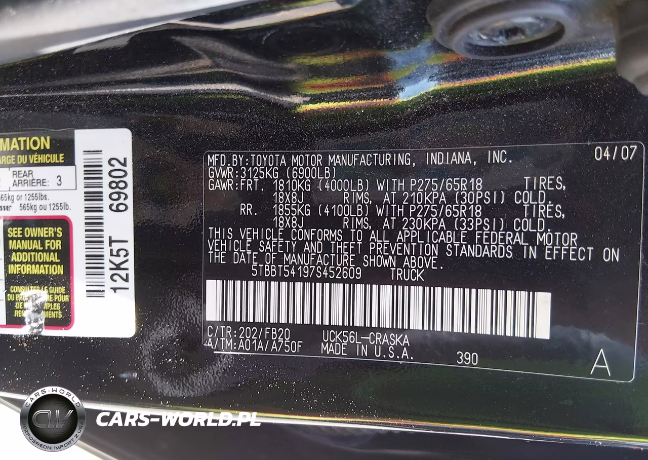 2007 Toyota Tundra Sr5 4.7L V8 VIN:5TBBT54197S452609 - 9