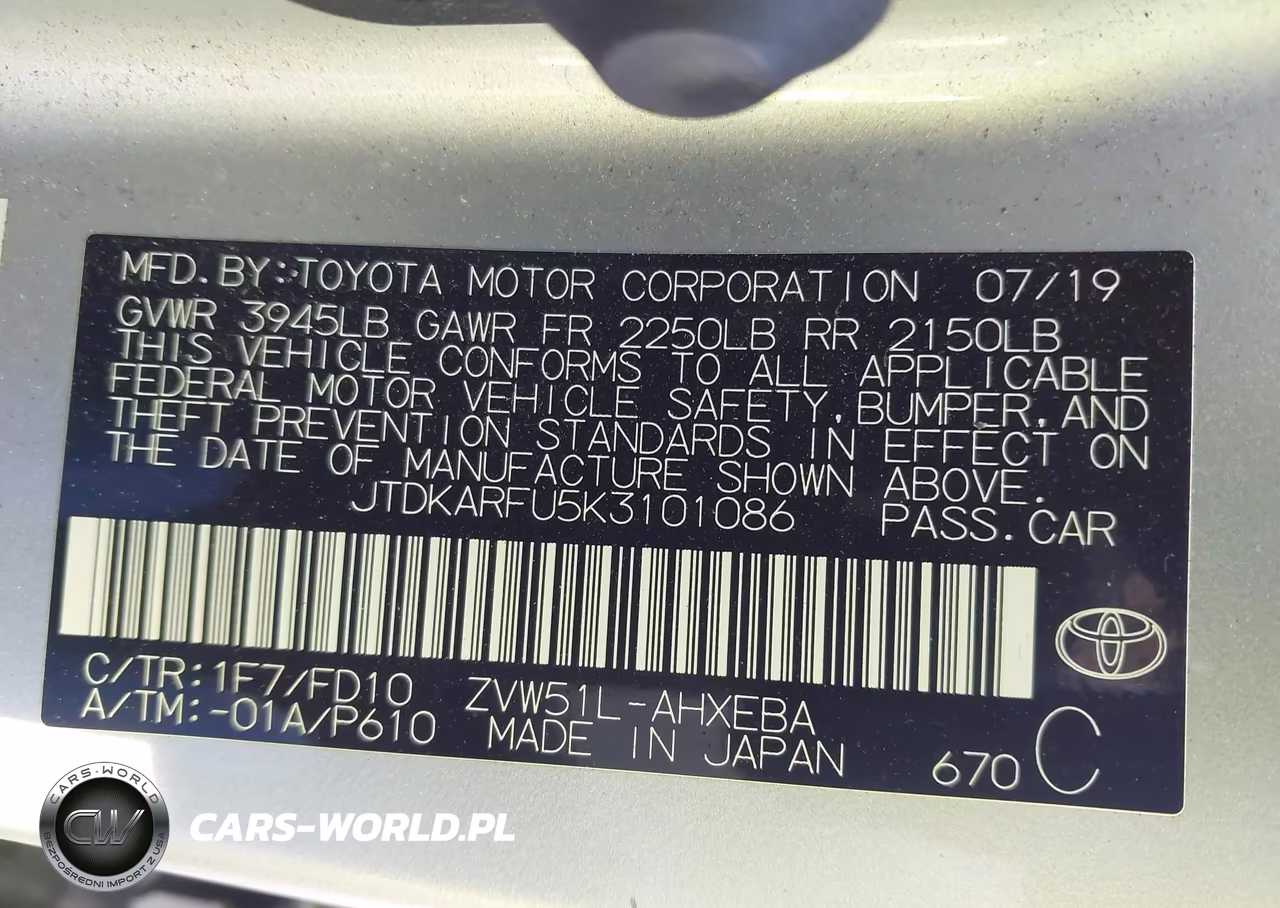2019 Toyota Prius Le VIN:JTDKARFU5K3101086 - 9