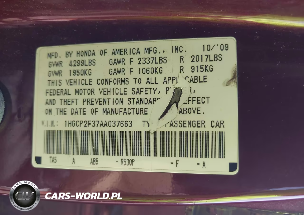 2010 Honda Accord 2.4 Lx VIN:1HGCP2F37AA037663 - 9