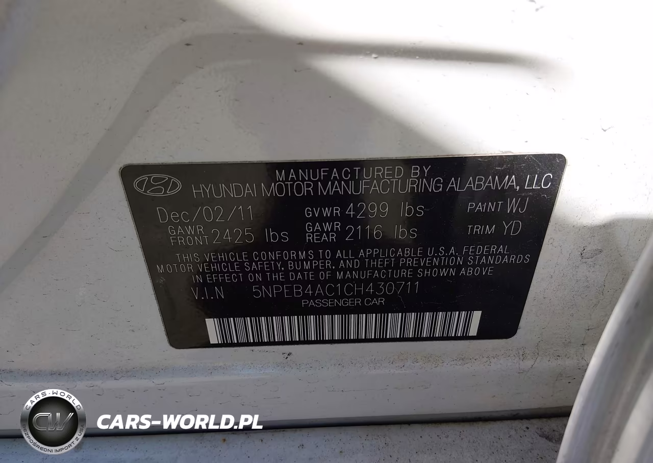 2012 Hyundai Sonata Gls VIN:5NPEB4AC1CH430711 - 9