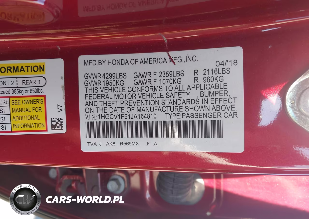 2018 Honda Accord Ex-L VIN:1HGCV1F61JA164810 - 9