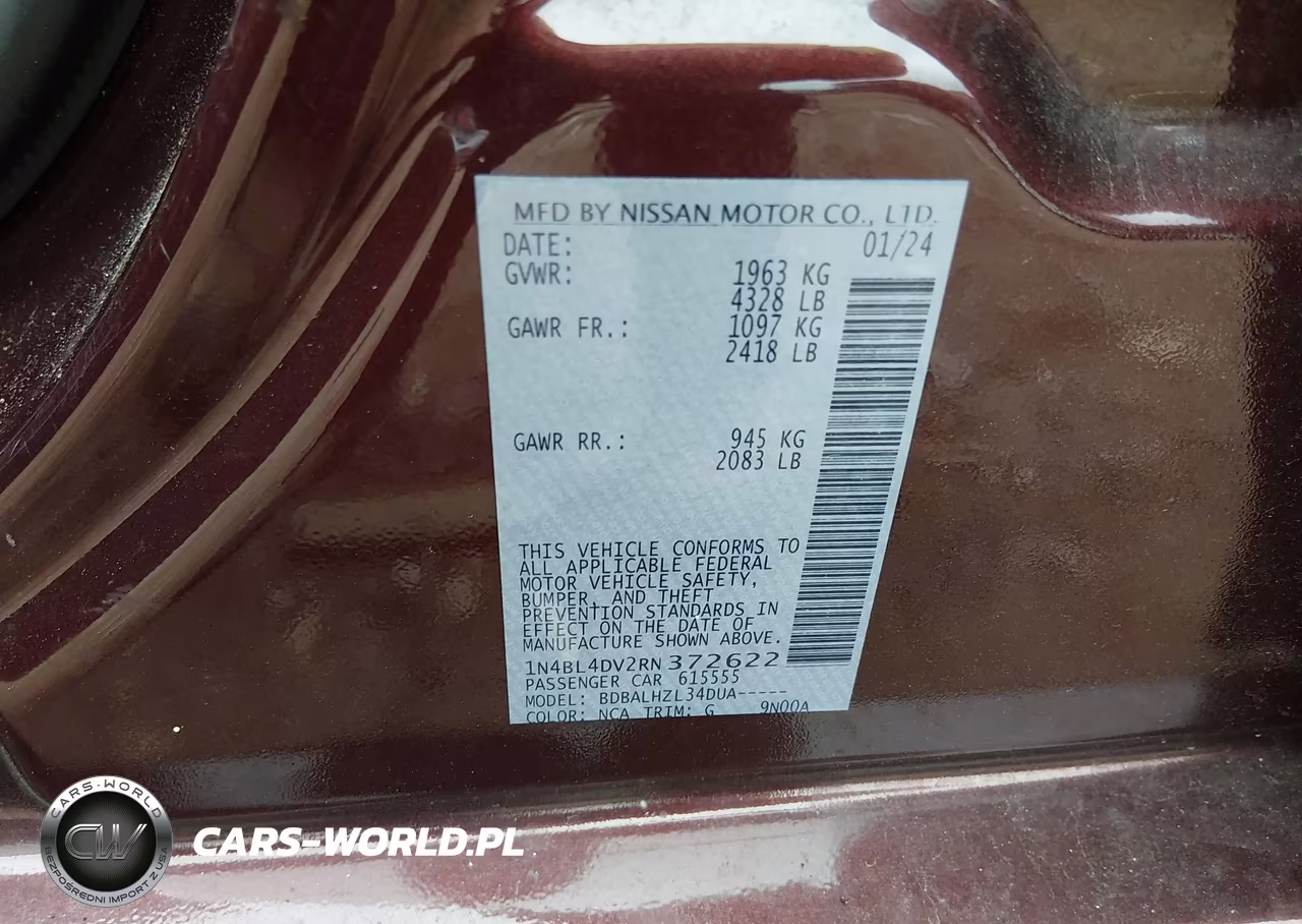 2024 Nissan Altima Sv Fwd VIN:1N4BL4DV2RN372622 - 9