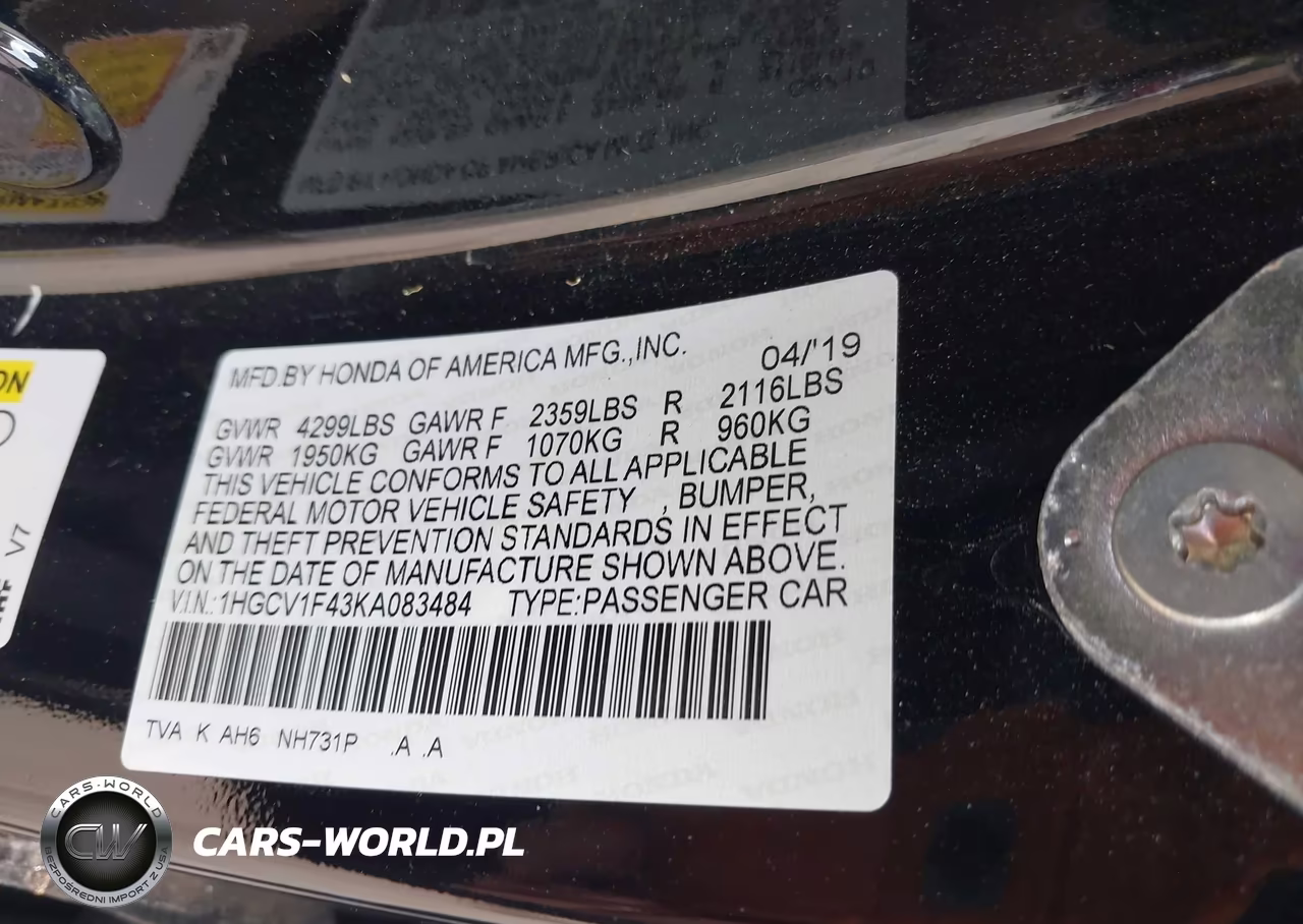 2019 Honda Accord Ex VIN:1HGCV1F43KA083484 - 9