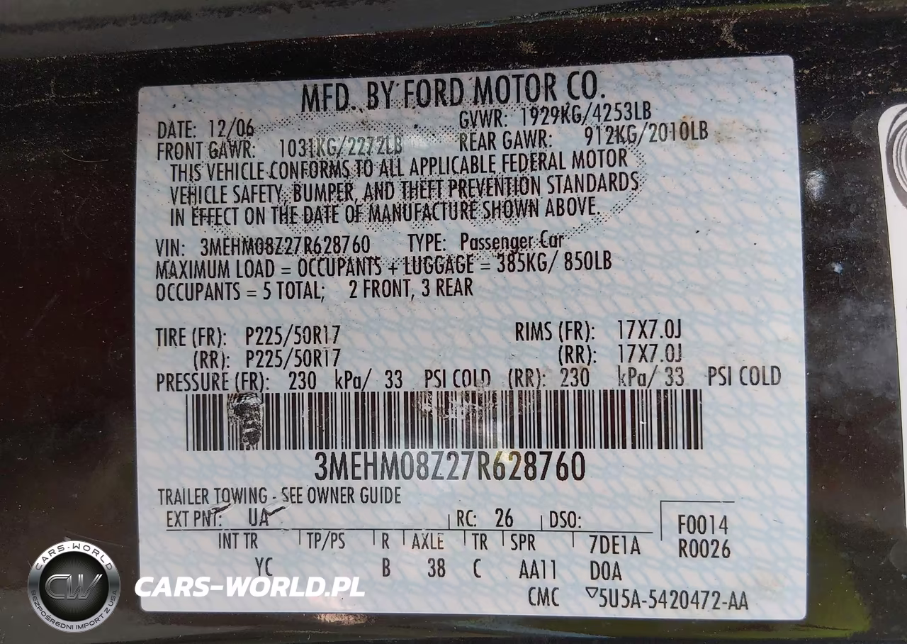 2007 Mercury Milan I4 Premier VIN:3MEHM08Z27R628760 - 9