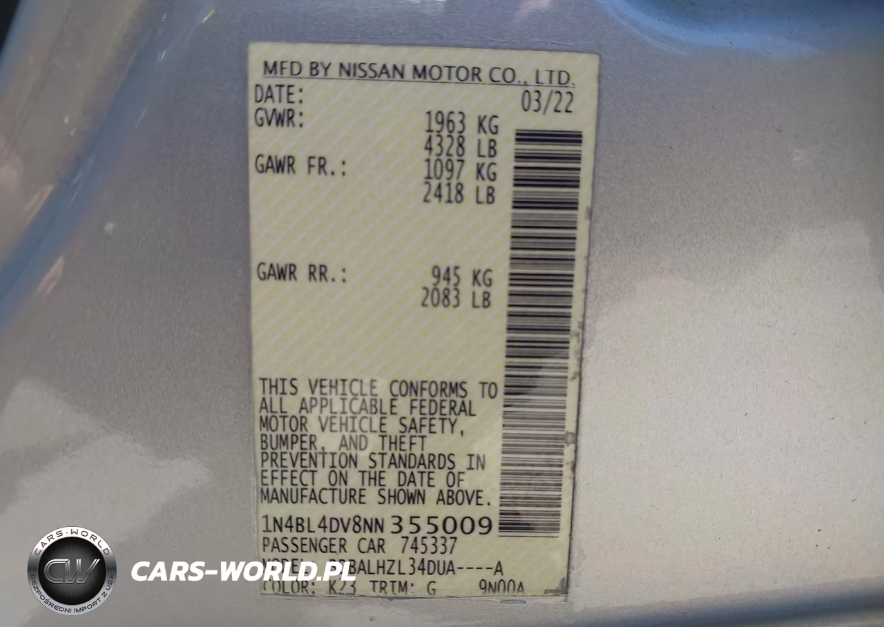 2022 Nissan Altima Sv Fwd VIN:1N4BL4DV8NN355009 - 9