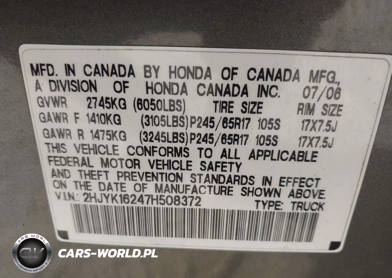 2007 Honda Ridgeline Rt VIN:2HJYK16247H508372 - 9