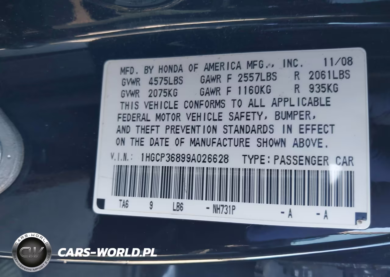 2009 Honda Accord 3.5 Ex-L VIN:1HGCP36899A026628 - 9