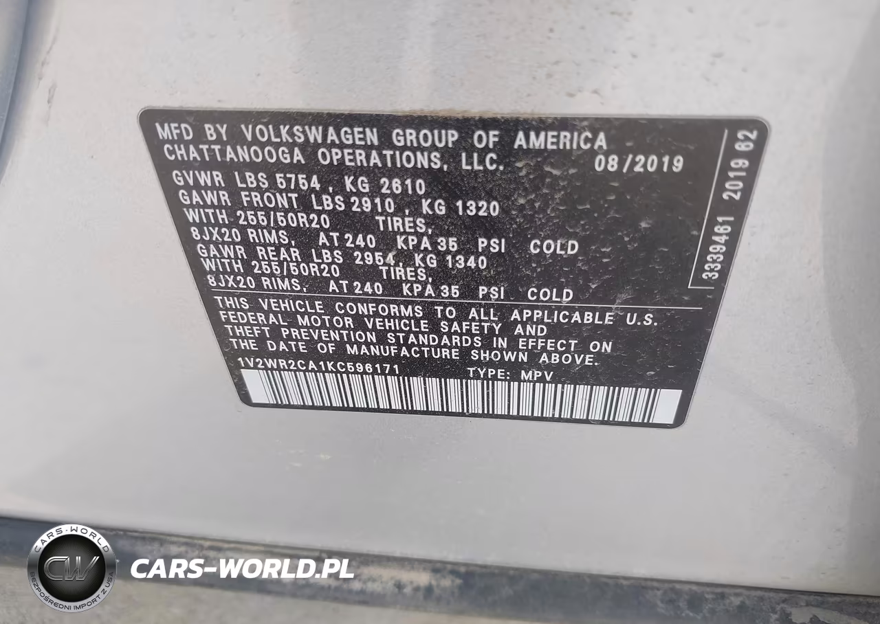 2019 Volkswagen Atlas 3.6L V6 Se W-Technology VIN:1V2WR2CA1KC596171 - 9