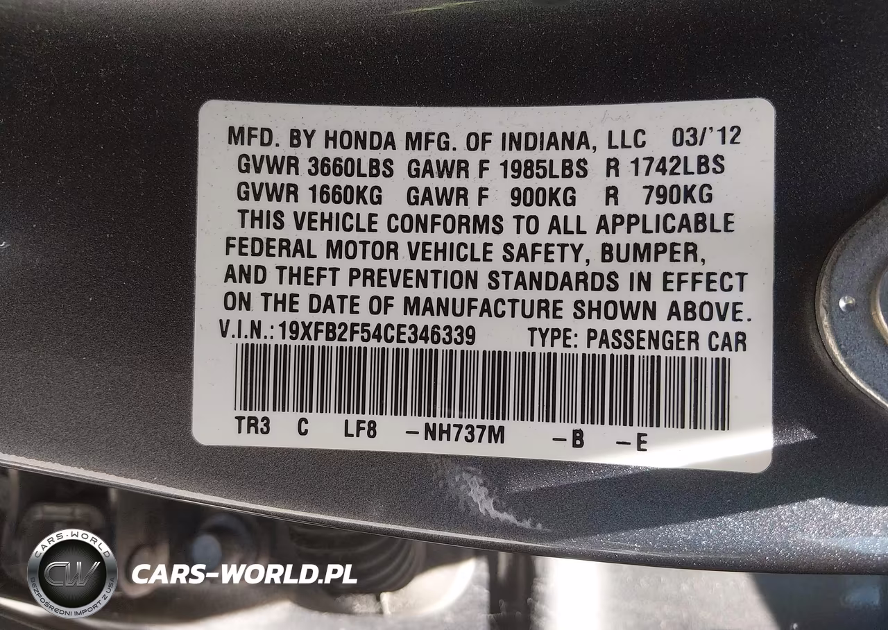 2012 Honda Civic Lx VIN:19XFB2F54CE346339 - 9