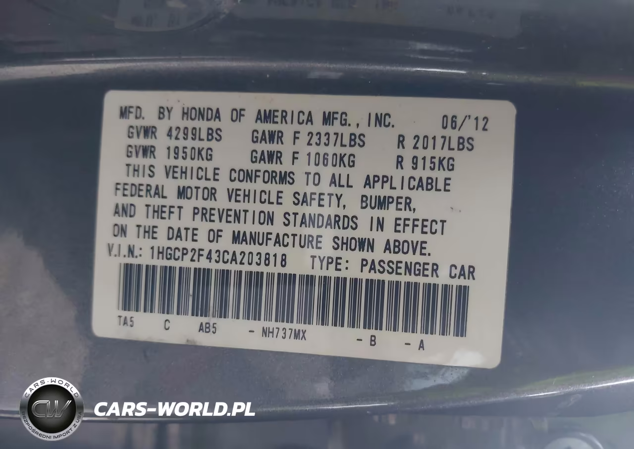 2012 Honda Accord 2.4 Lx-P VIN:1HGCP2F43CA203818 - 9