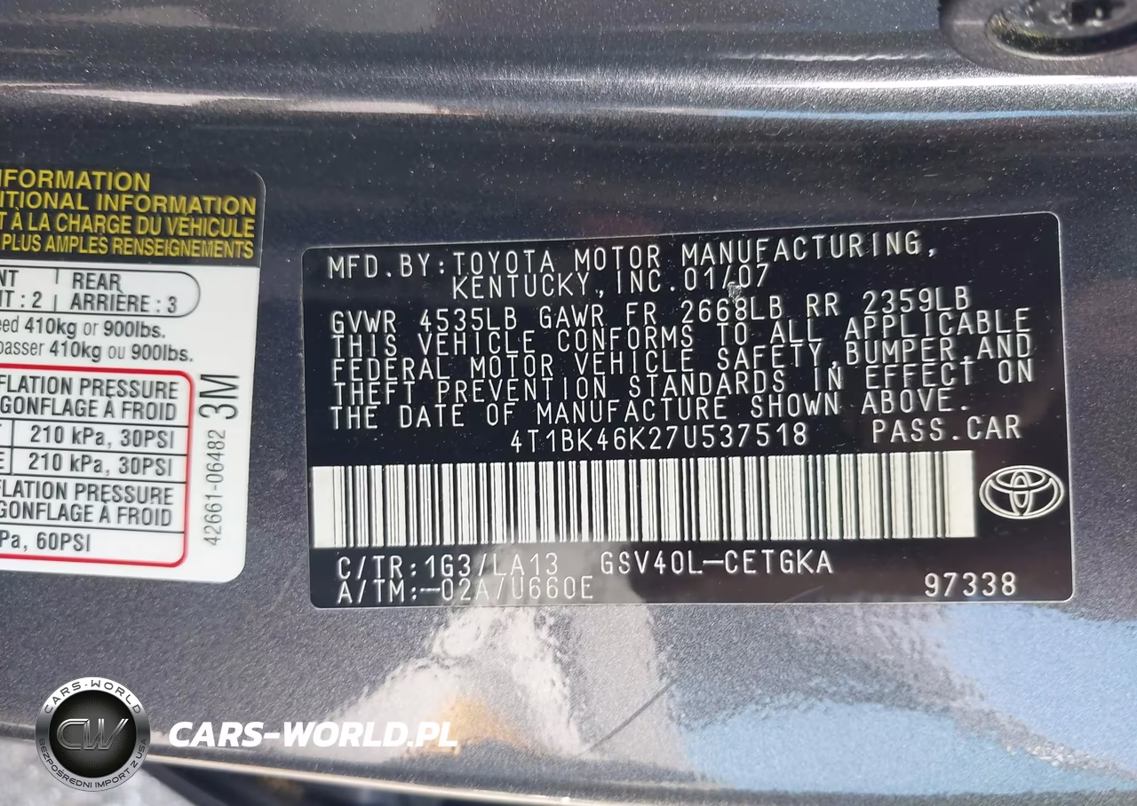 2007 Toyota Camry Xle V6 VIN:4T1BK46K27U537518 - 9