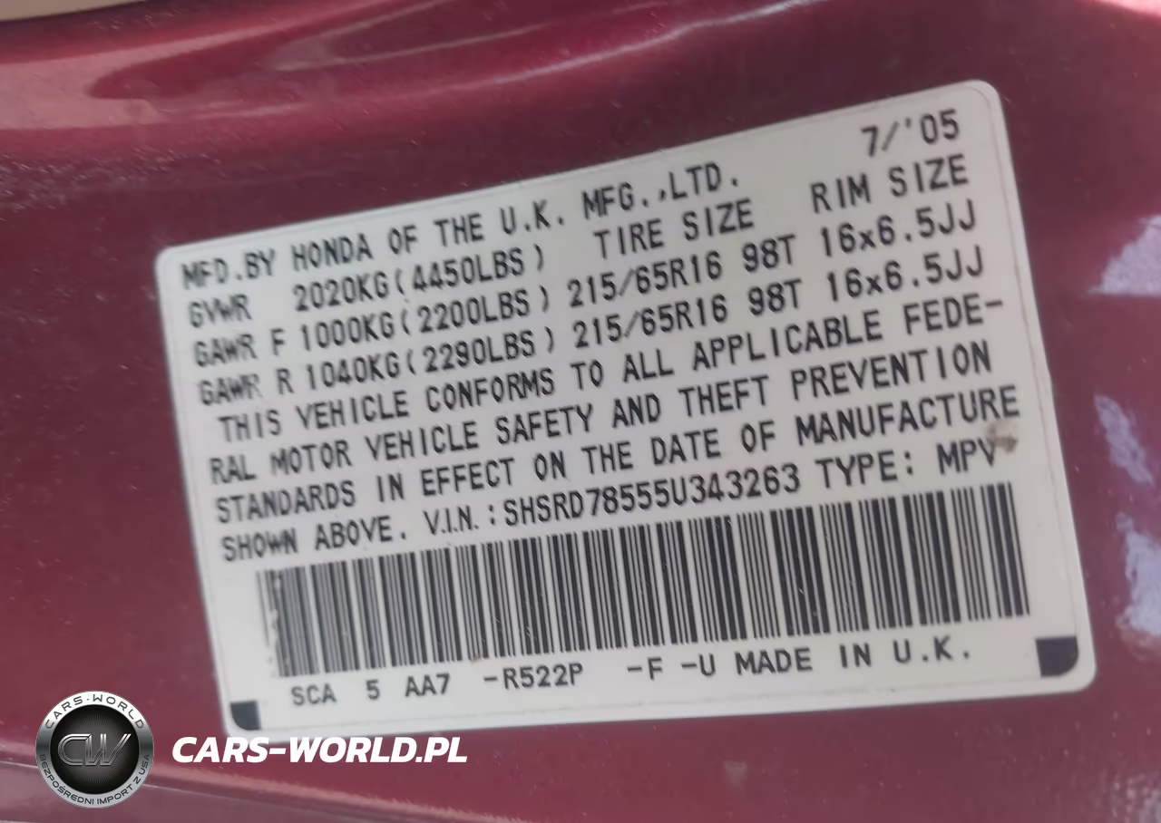 2005 Honda Cr-V Lx VIN:SHSRD78555U343263 - 9