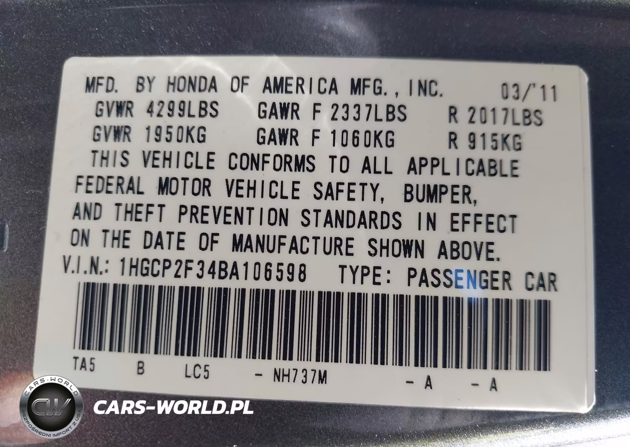 2011 Honda Accord 2.4 Lx VIN:1HGCP2F34BA106598 - 9