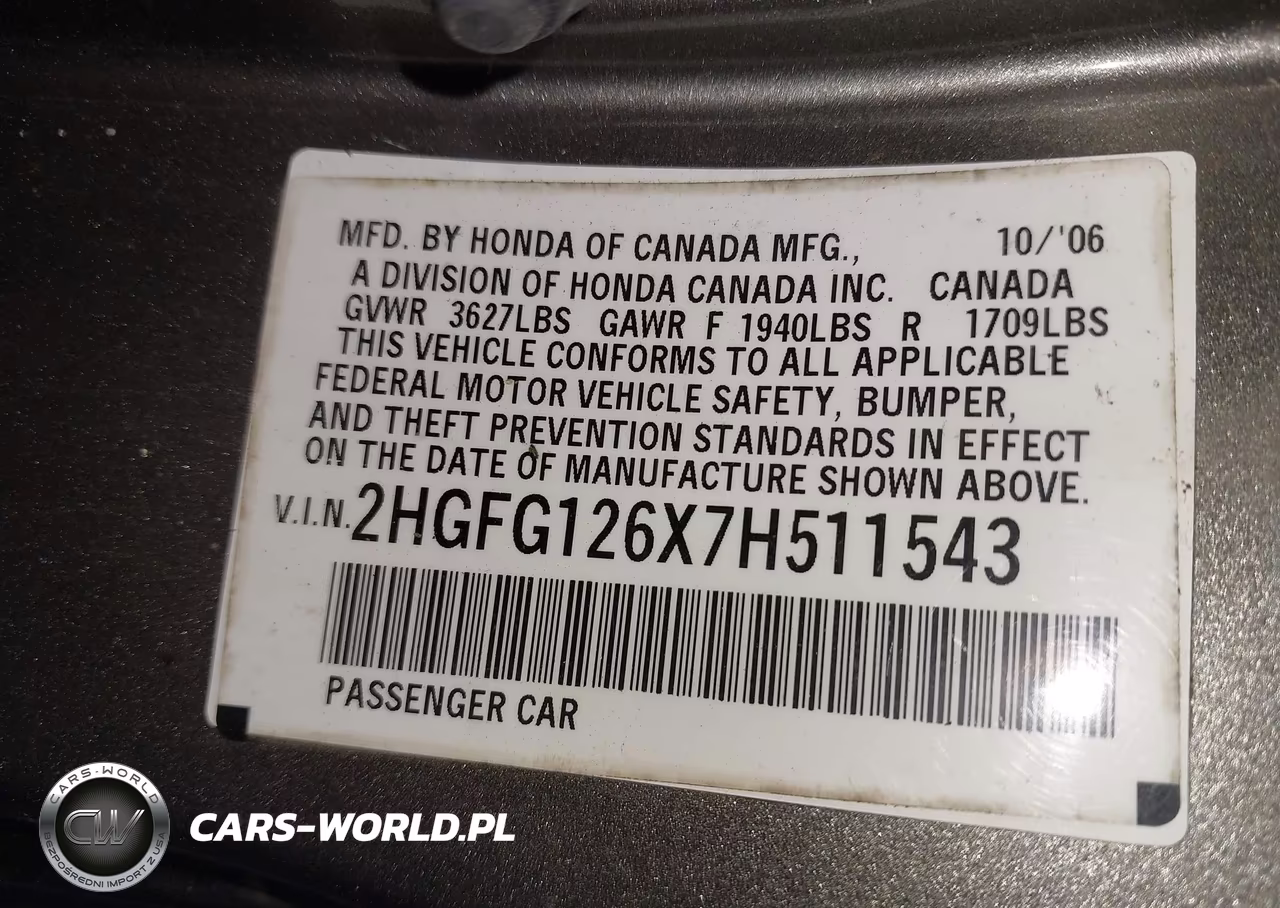 2007 Honda Civic Lx VIN:2HGFG126X7H511543 - 9