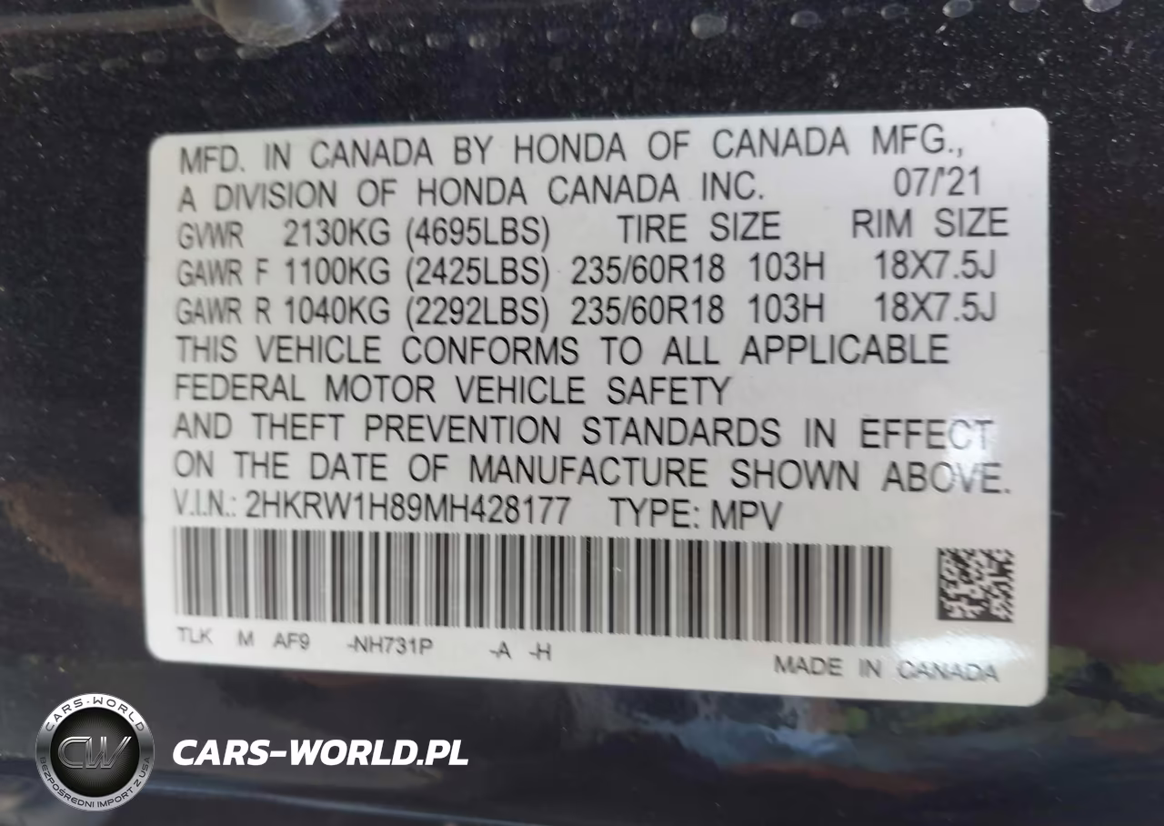 2021 Honda Cr-V 2Wd Ex-L VIN:2HKRW1H89MH428177 - 9