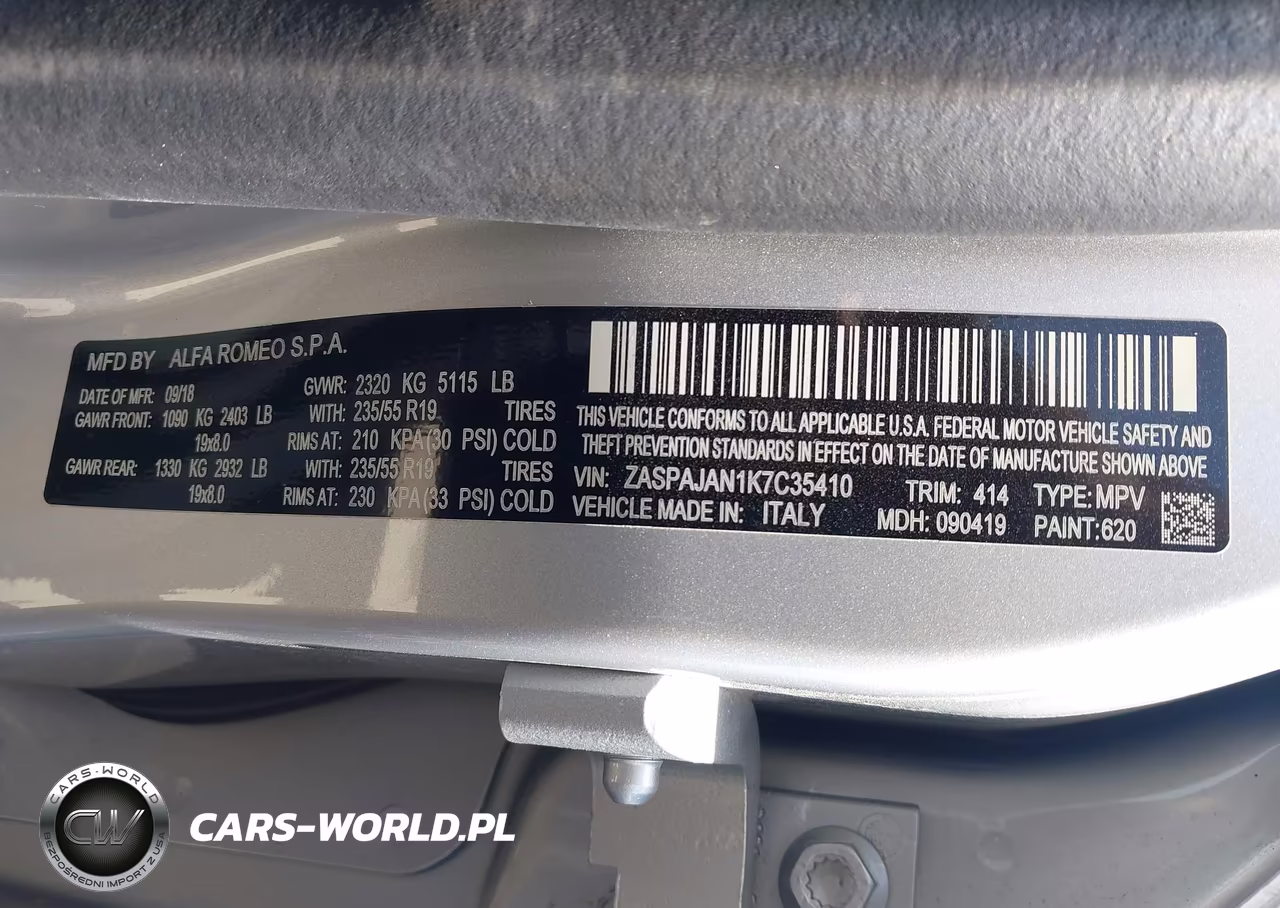 2019 Alfa Romeo Stelvio Sport Rwd VIN:ZASPAJAN1K7C35410 - 9