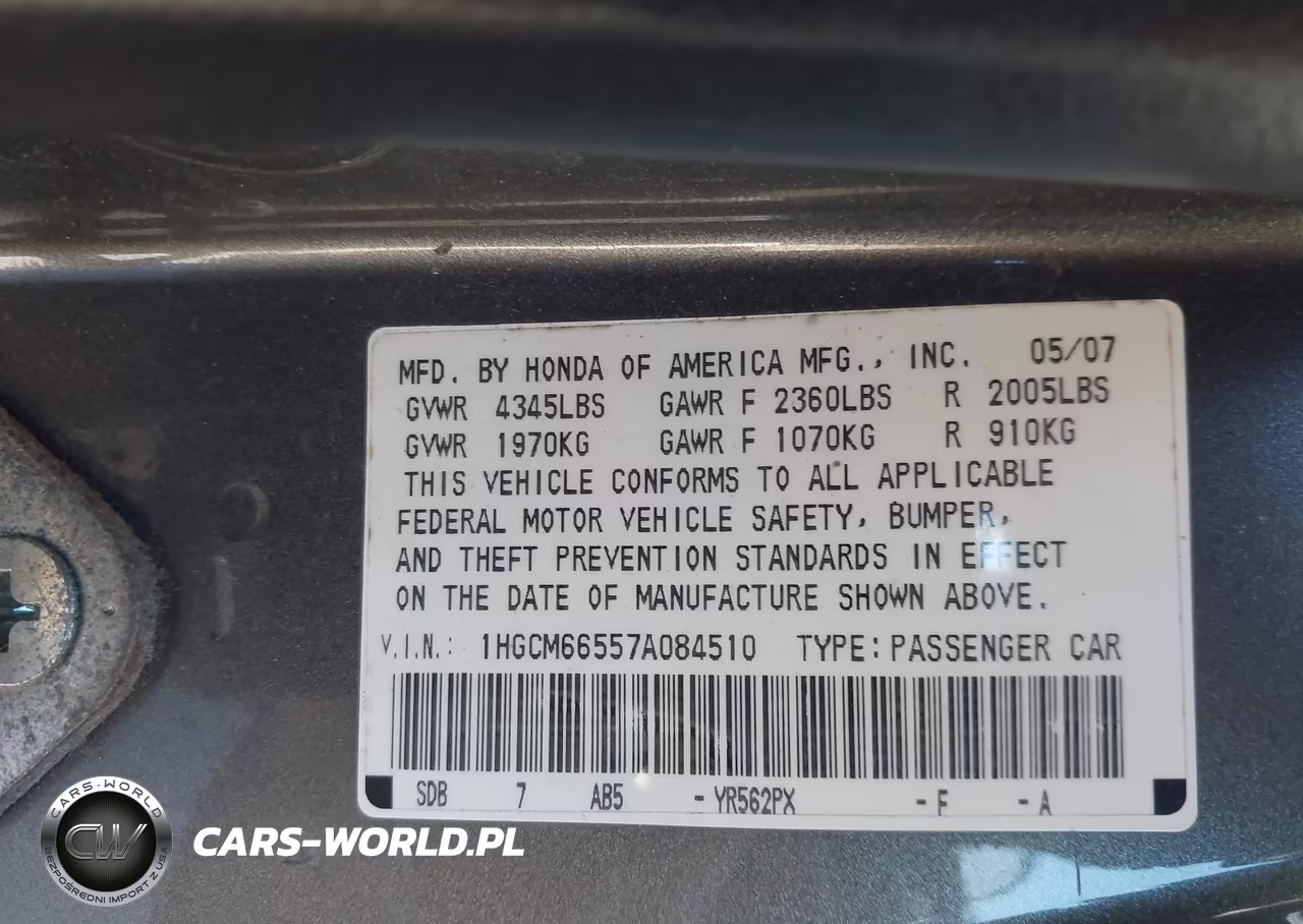 2007 Honda Accord 3.0 Ex VIN:1HGCM66557A084510 - 9