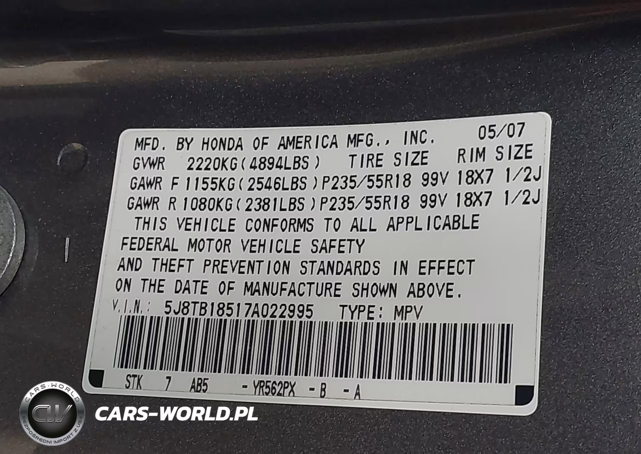 2007 Acura Rdx VIN:5J8TB18517A022995 - 9