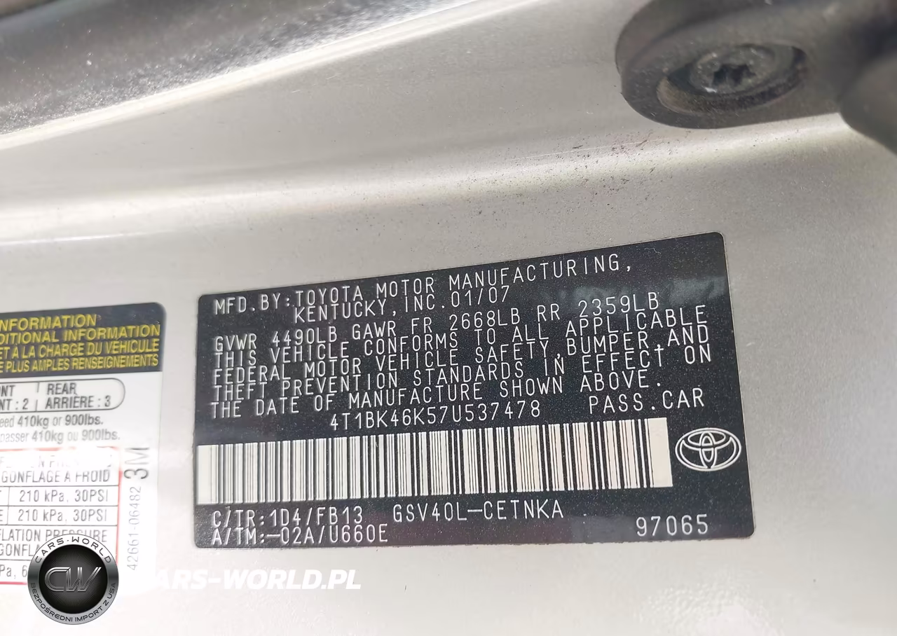 2007 Toyota Camry Le V6 VIN:4T1BK46K57U537478 - 9