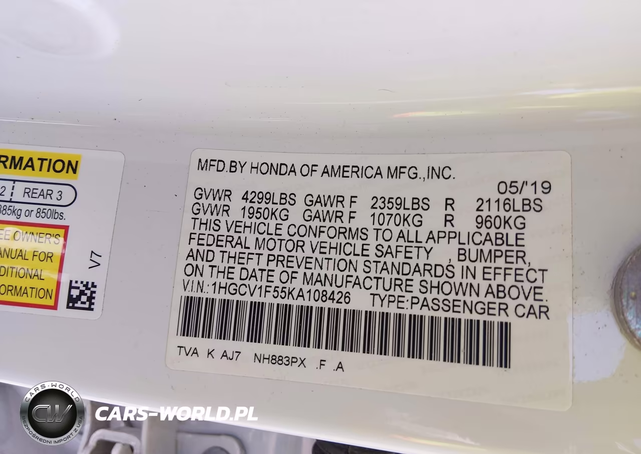 2019 Honda Accord Ex-L 1.5T VIN:1HGCV1F55KA108426 - 9
