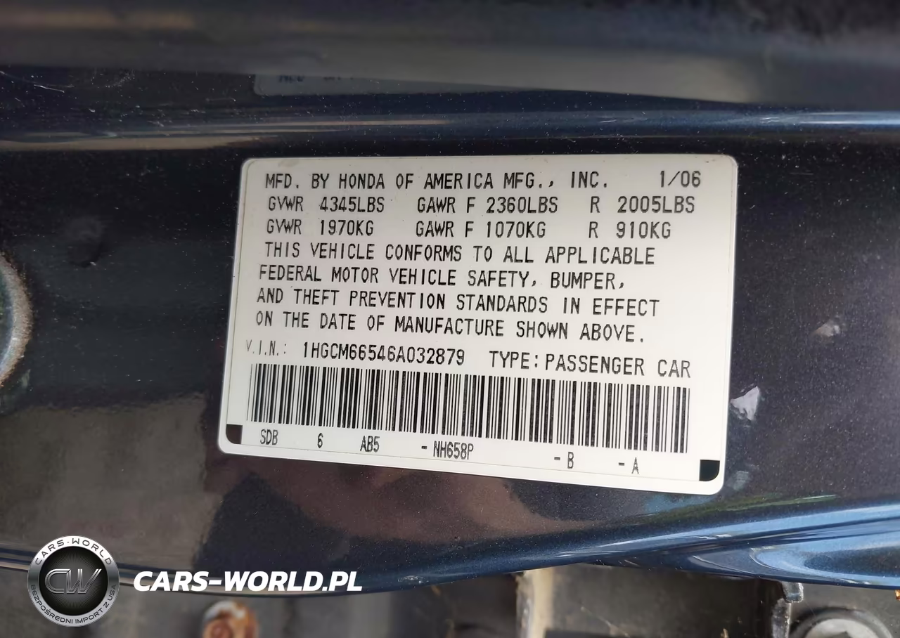 2006 Honda Accord 3.0 Ex VIN:1HGCM66546A032879 - 9
