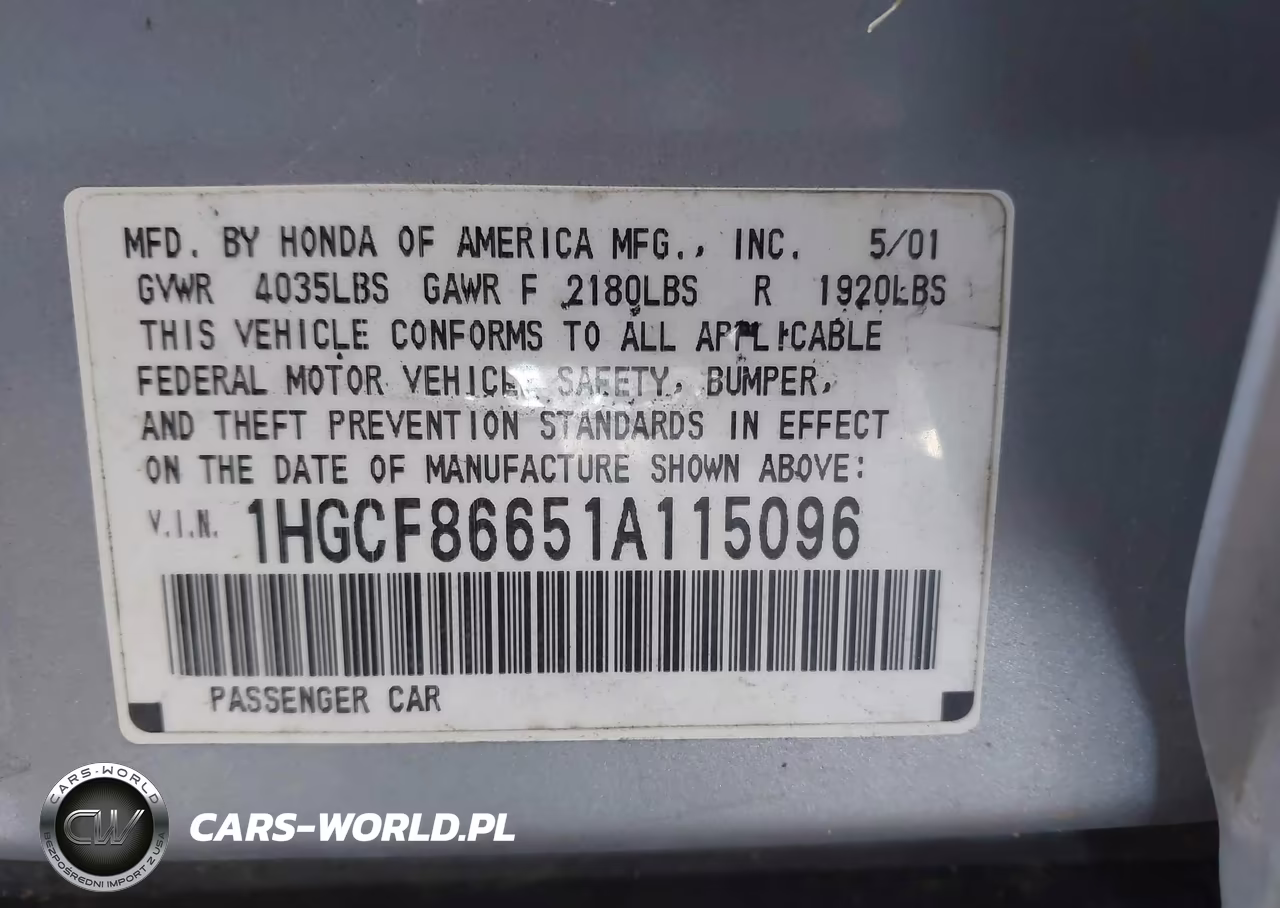 2001 Honda Accord Value Package VIN:1HGCF86651A115096 - 9