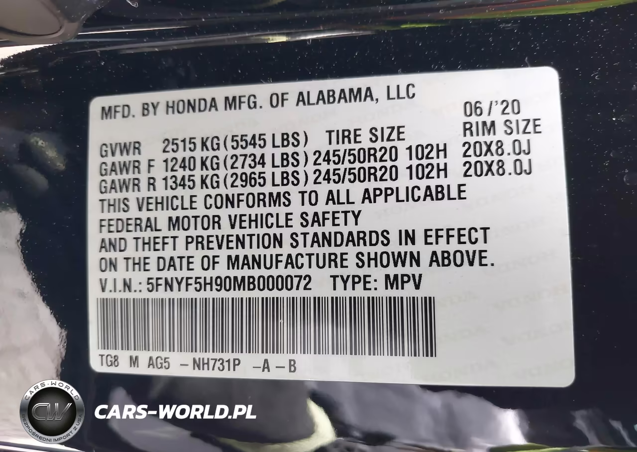 2021 Honda Pilot 2Wd Touring 8 Passenger VIN:5FNYF5H90MB000072 - 9