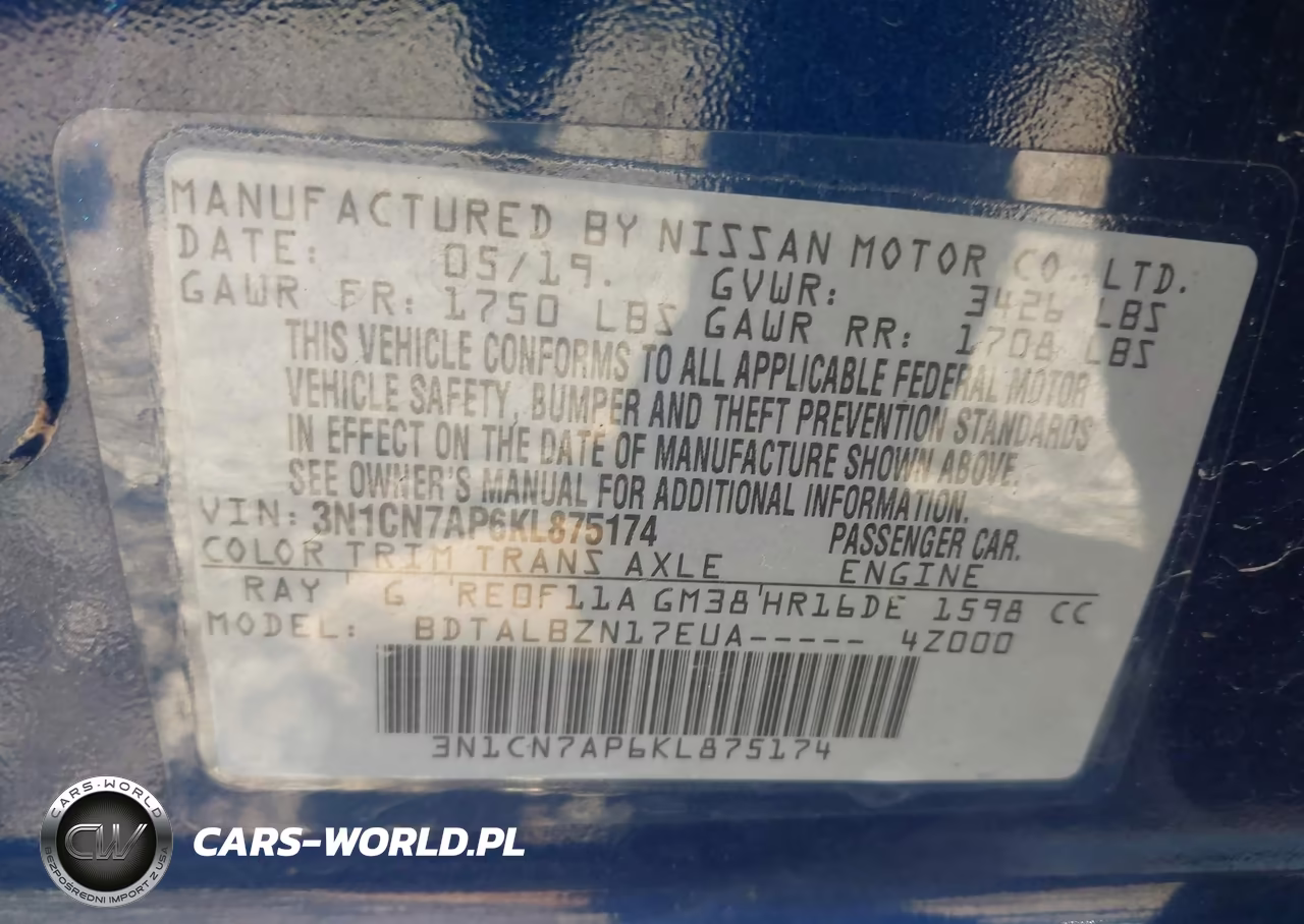 2019 Nissan Versa 1.6 Sv VIN:3N1CN7AP6KL875174 - 9