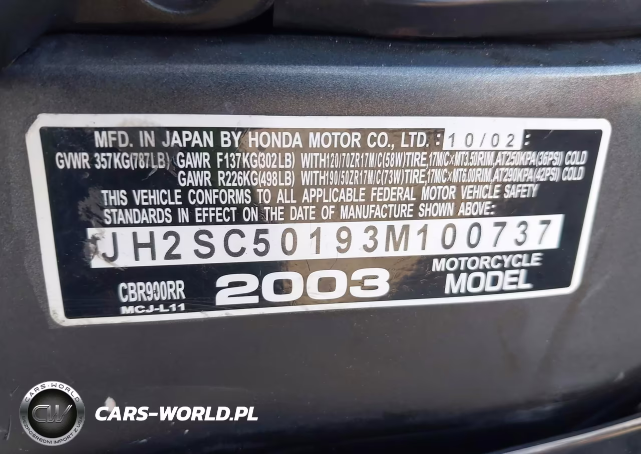 2003 Honda Cbr900 Rr VIN:JH2SC50193M100737 - 10