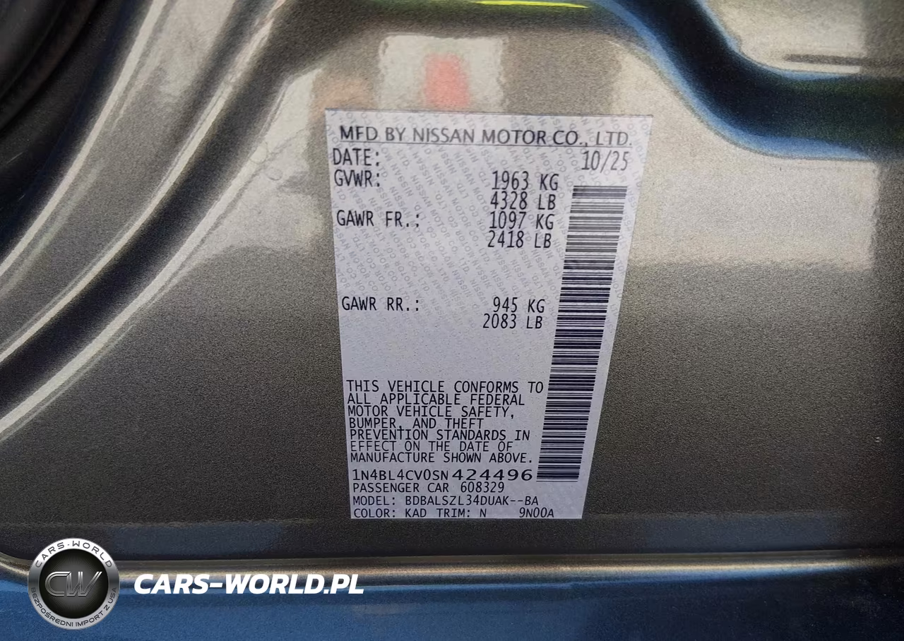 2025 Nissan Altima Sr Fwd VIN:1N4BL4CV0SN424496 - 9