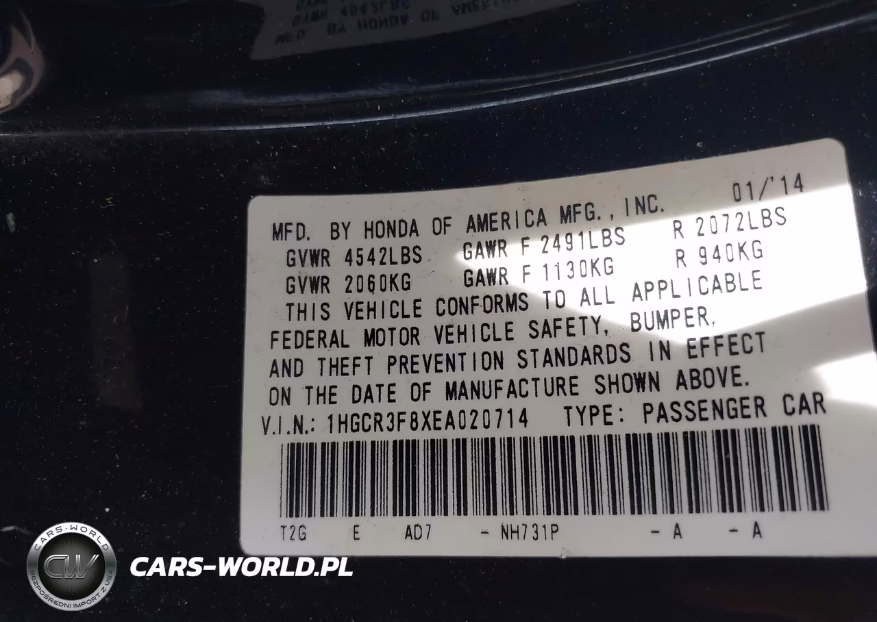2014 Honda Accord Ex-L V-6 VIN:1HGCR3F8XEA020714 - 9