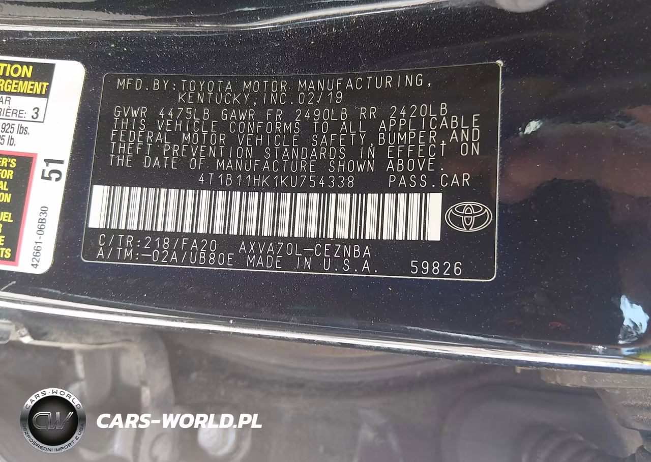 2019 Toyota Camry Le VIN:4T1B11HK1KU754338 - 9