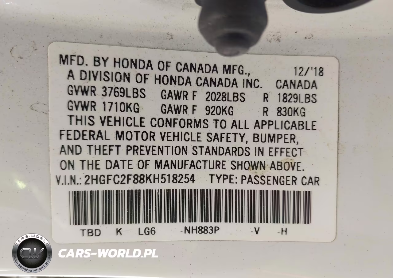 2019 Honda Civic Sport VIN:2HGFC2F88KH518254 - 9