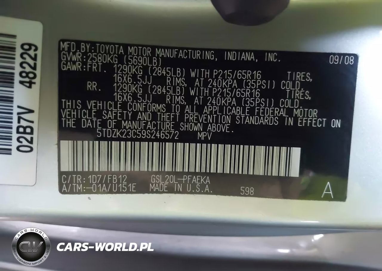 2009 Toyota Sienna Ce VIN:5TDZK23C59S246572 - 9