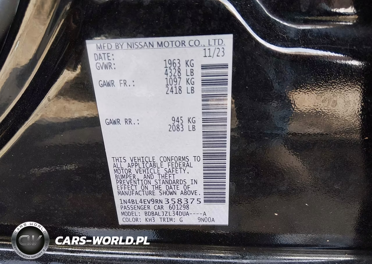 2024 Nissan Altima Sl Fwd VIN:1N4BL4EV9RN358375 - 9