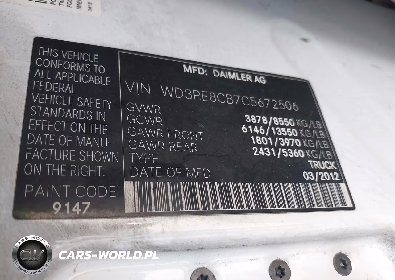 2012 Mercedes-Benz Sprinter 2500 High Roof VIN:WD3PE8CB7C5672506 - 9