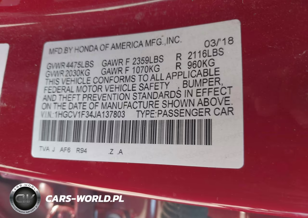 2018 Honda Accord Sport VIN:1HGCV1F34JA137803 - 9