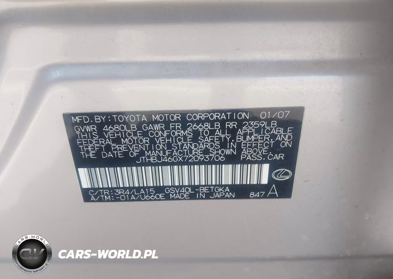 2007 Lexus Es 350 VIN:JTHBJ46GX72093706 - 9