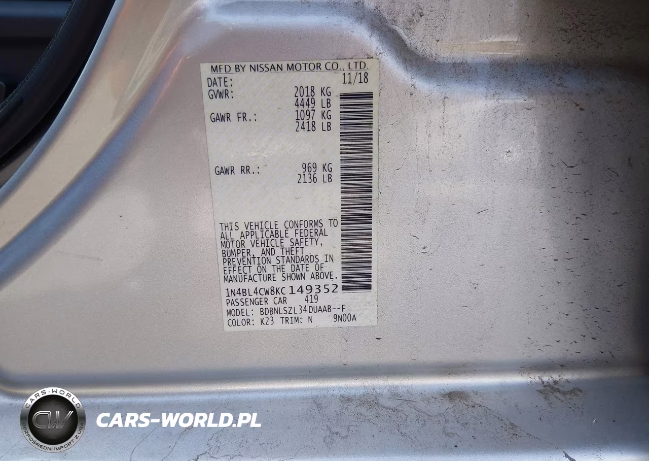 2019 Nissan Altima 2.5 Sr VIN:1N4BL4CW8KC149352 - 9
