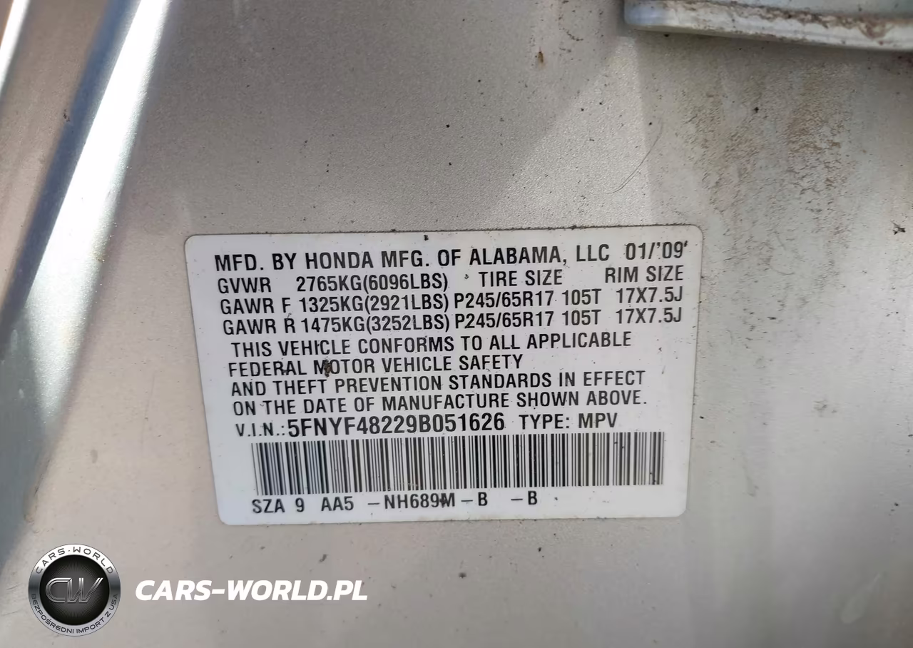 2009 Honda Pilot Lx VIN:5FNYF48229B051626 - 9