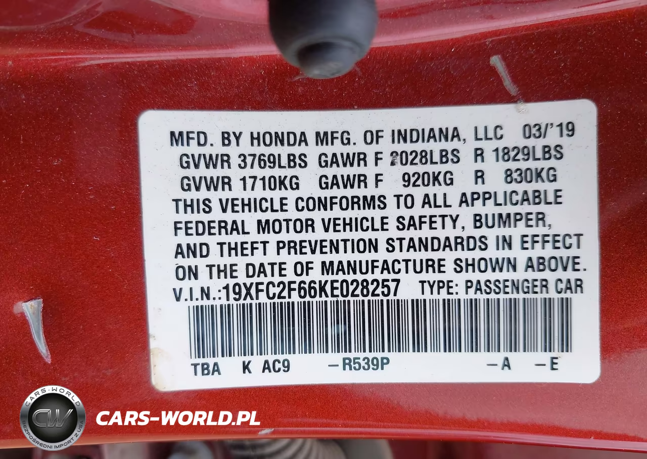 2019 Honda Civic Lx VIN:19XFC2F66KE028257 - 9