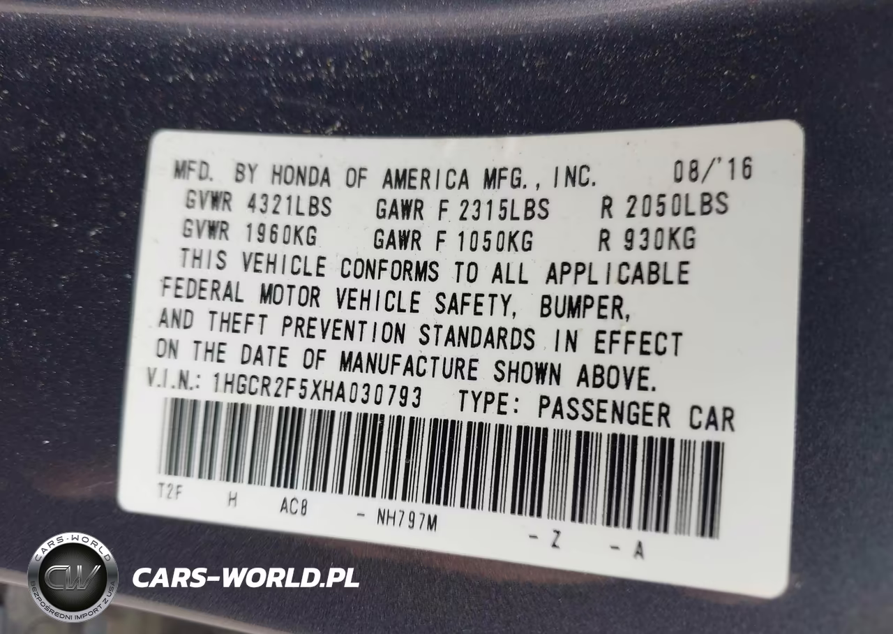 2017 Honda Accord Sport VIN:1HGCR2F5XHA030793 - 9