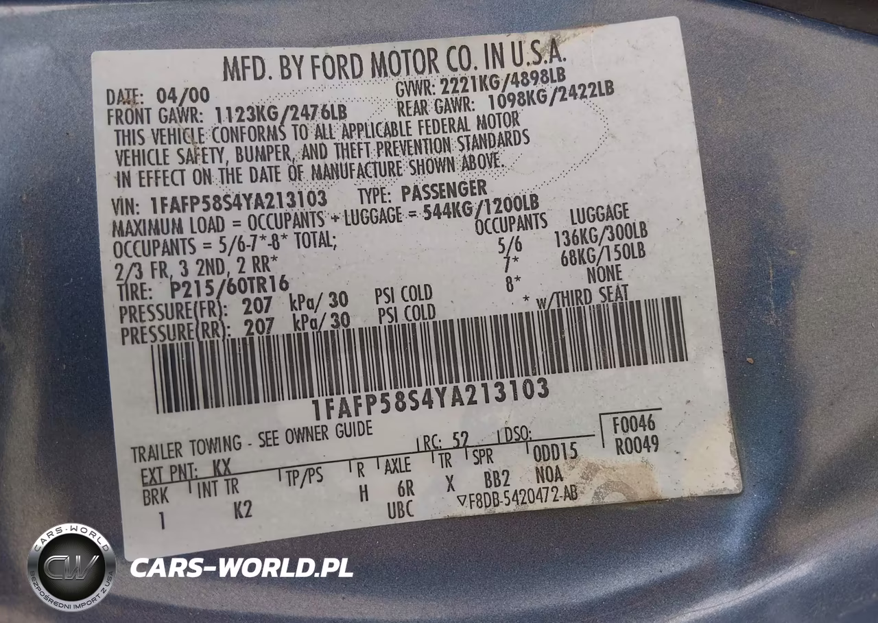 2000 Ford Taurus Se VIN:1FAFP58S4YA213103 - 9