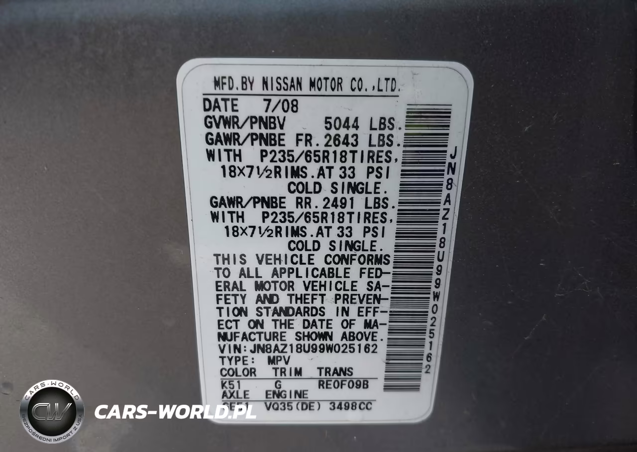 2009 Nissan Murano Sl VIN:JN8AZ18U99W025162 - 9