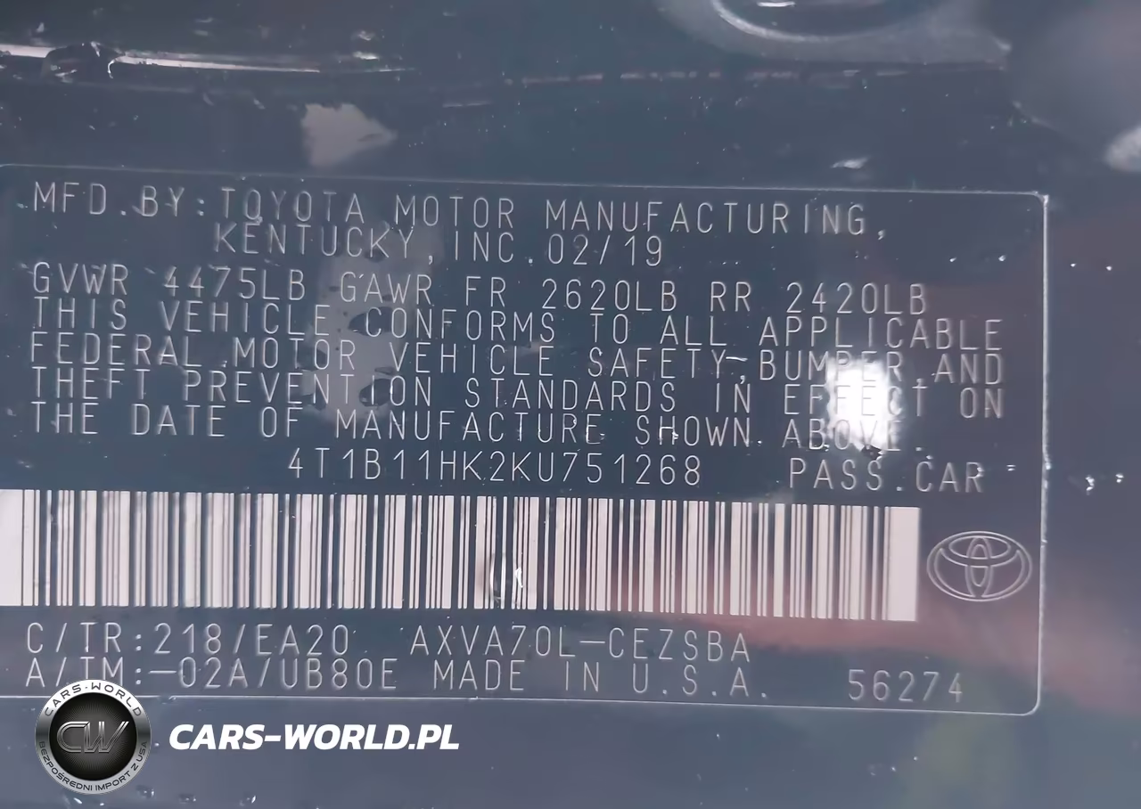 TOYOTA CAMRY VIN:4T1B11HK2KU751268 - 9